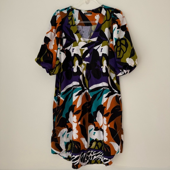 For Cynthia Floral Linen Puff Sleeve Dress Sz L - Picture 2 of 13